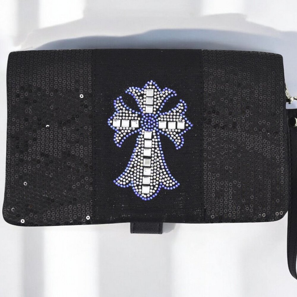 Black Sequin Crossbody Clutch Bag w/ Crystal Cross, Cocktail Party Purse